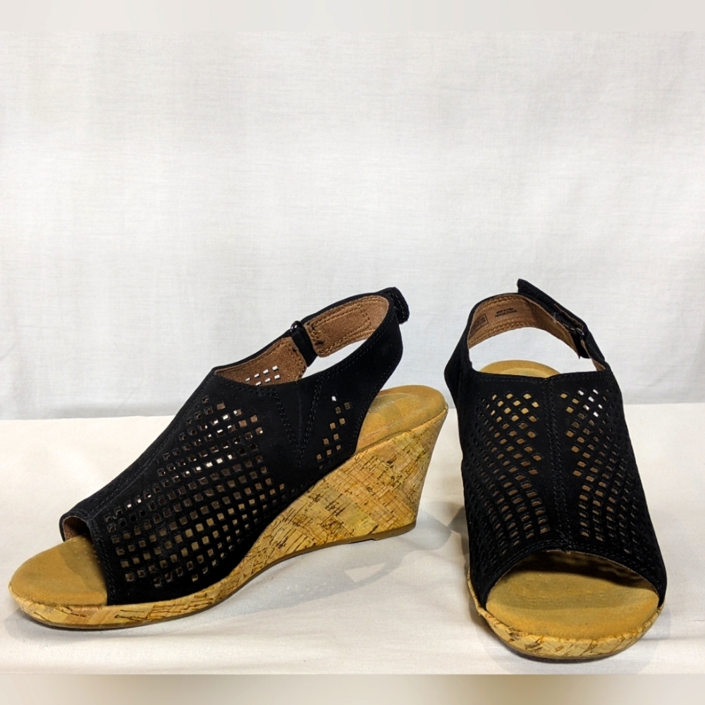 NEW Rockport Womens Sling Wedge Sandal 6.5 Wide black cork